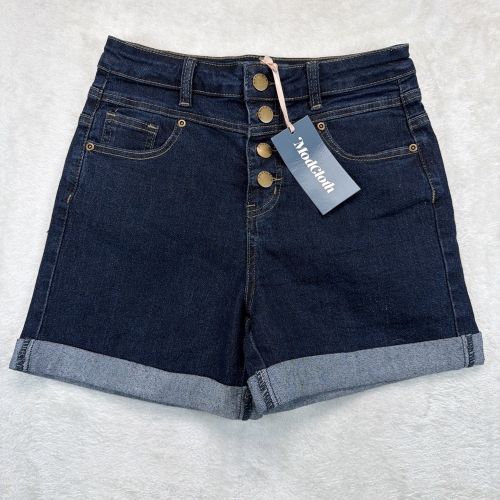 ModCloth High Rise Button Fly Denim Shorts Womens 6 Dark Wash Cuffed NWT